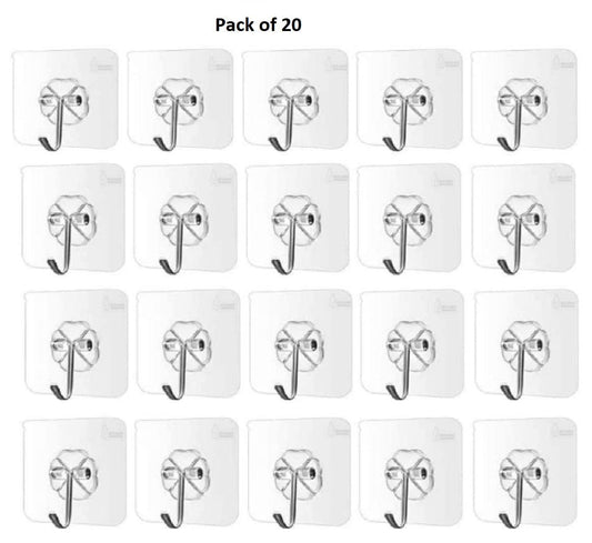 Self Adhesive Wall Hooks, Heavy Duty Sticky Hooks for Hanging 10kg (max), Waterproof Transparent Hooks for Wall (Pack of 20)
